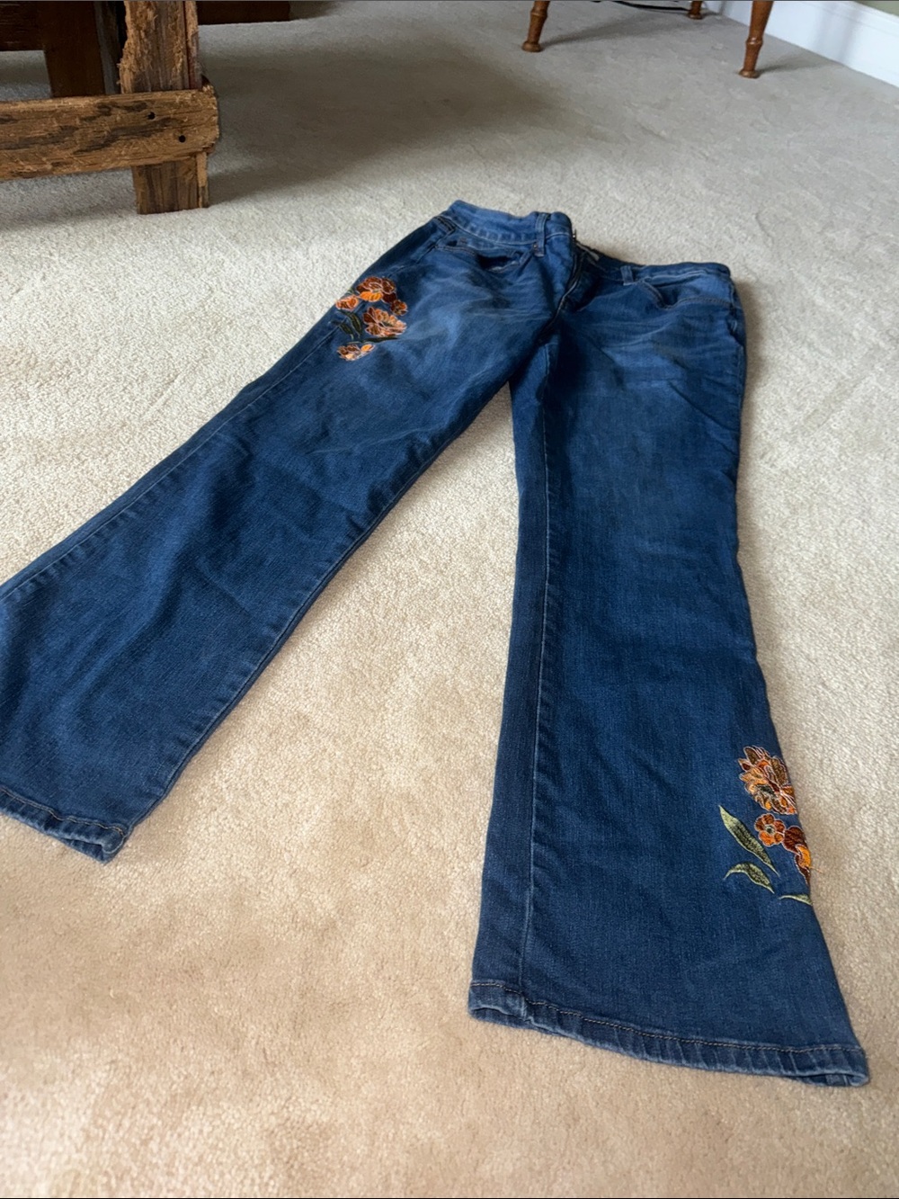 Royalty For Me Dark Blue Flare Jeans with Orange Floral Embroidery